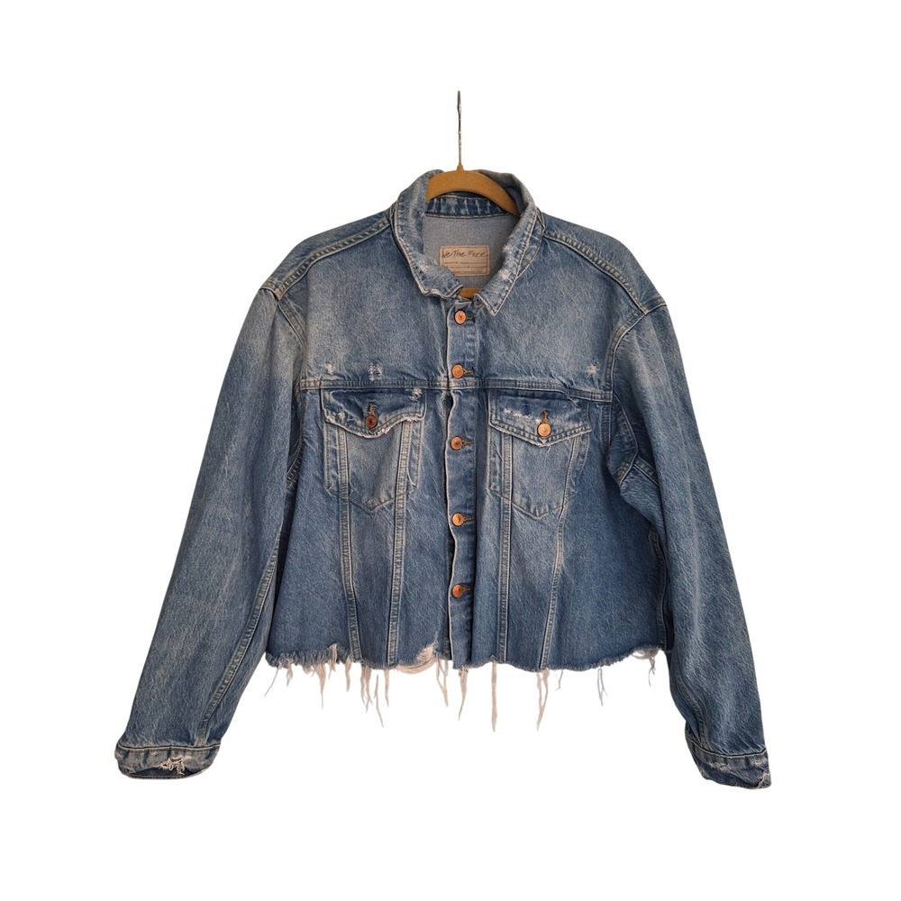 We The Free Washed Blue Frayed Hem Cropped Denim Jacket